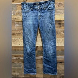 Rock and Republic Issac mid rise flare medium wash jean gold distressing US30